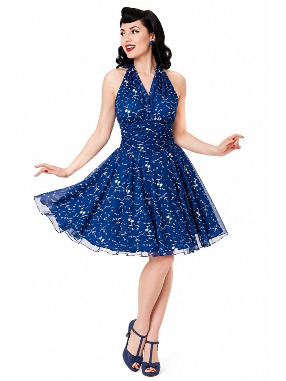 HELL BUNNY halter pinup girl dress nautical blue SMALL fit flare retro inspired